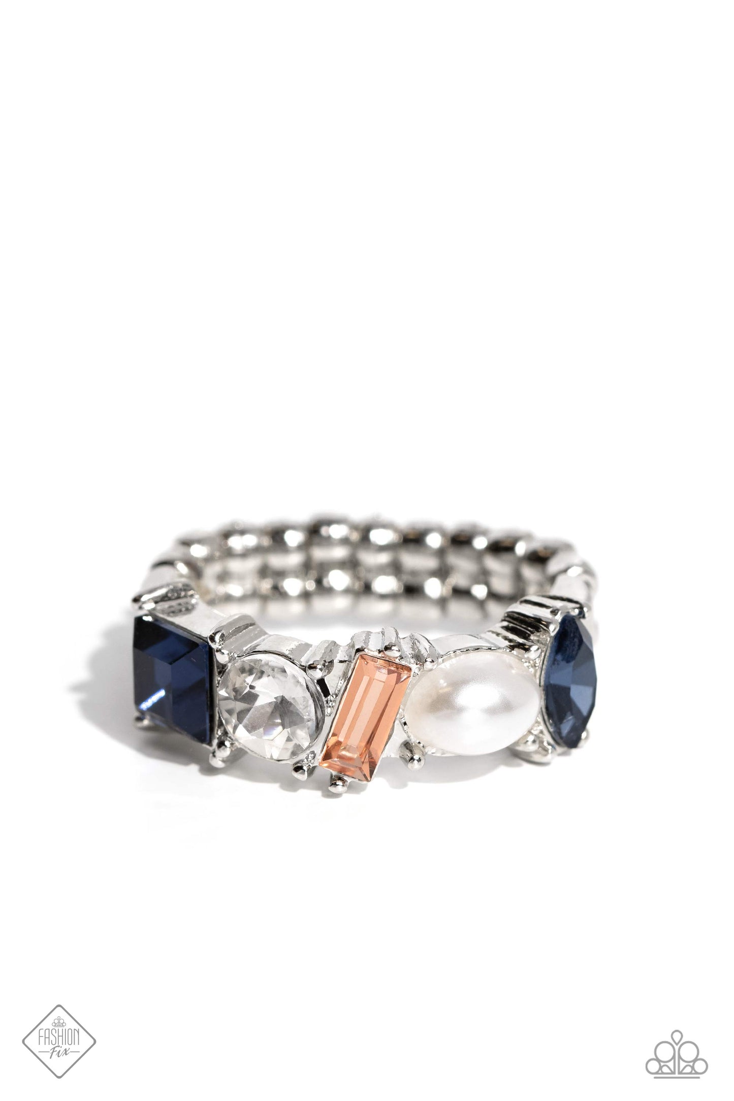 PERFECT MATCH / SET: Honest Heirloom - Multi Blue White Peach Gem Silver Cuff Bracelet AND Reputable Rarity - Multi Blue White Peach Gem Silver Ring - Fashion Fix