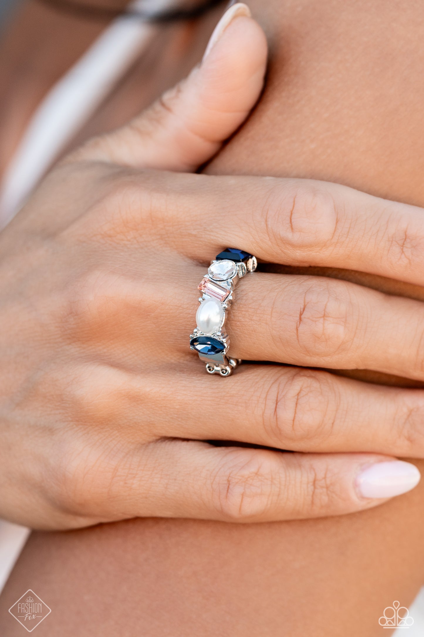 PERFECT MATCH / SET: Honest Heirloom - Multi Blue White Peach Gem Silver Cuff Bracelet AND Reputable Rarity - Multi Blue White Peach Gem Silver Ring - Fashion Fix