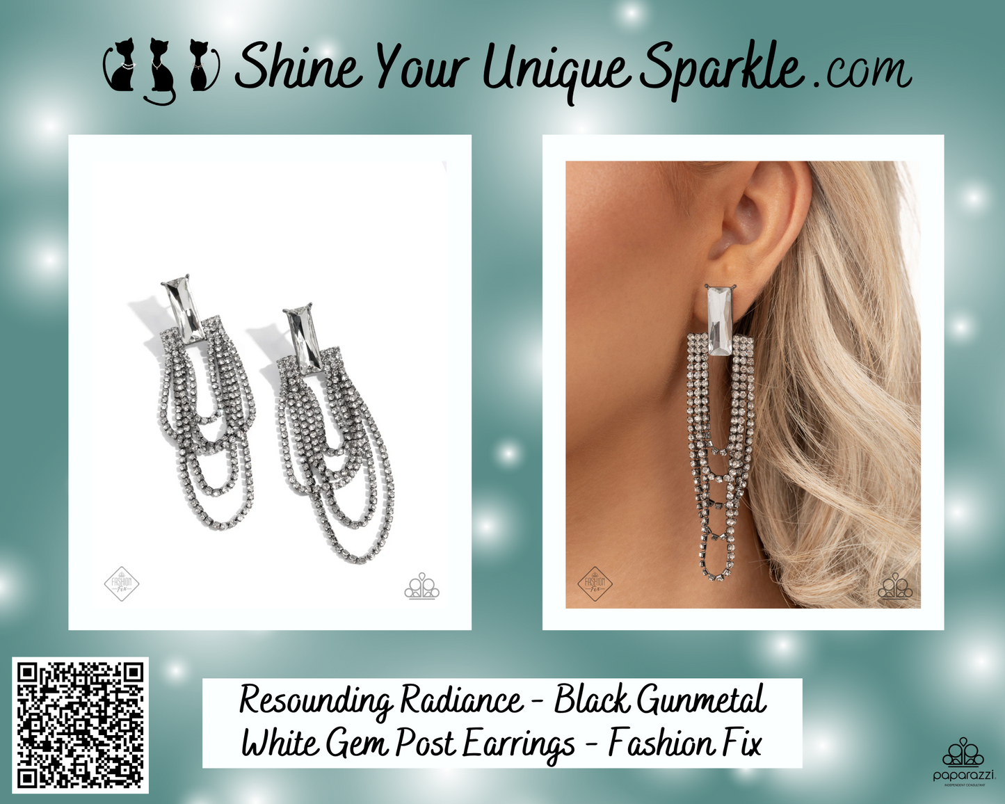 Resounding Radiance - Black Gunmetal White Gem Post Earrings - Fashion Fix