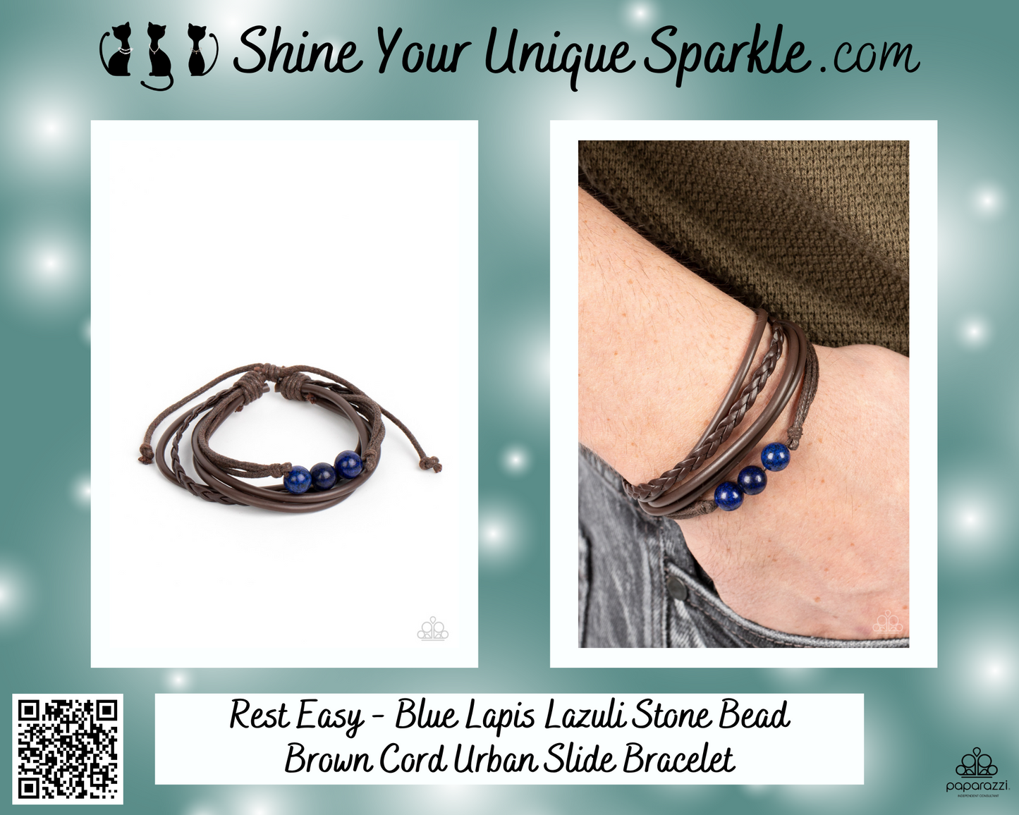 Rest Easy - Blue Lapis Lazuli Stone Bead Brown Cord Urban Slide Bracelet