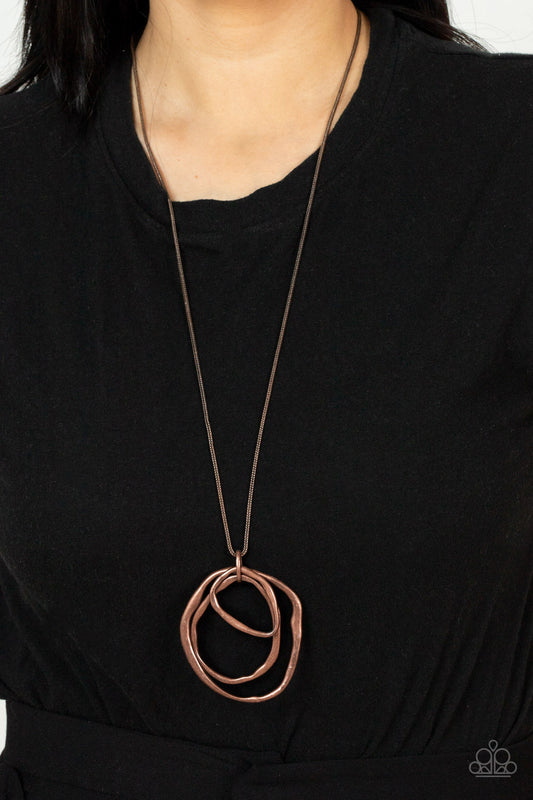 Revamped Relic - Copper Warped Circle Pendant Long Necklace