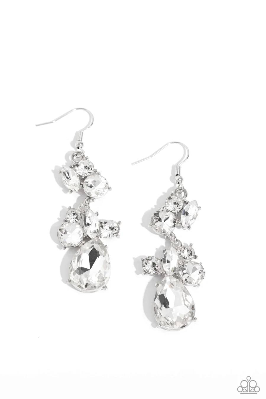 Rhinestone Reveler - White Gem Silver Fishhook Earrings