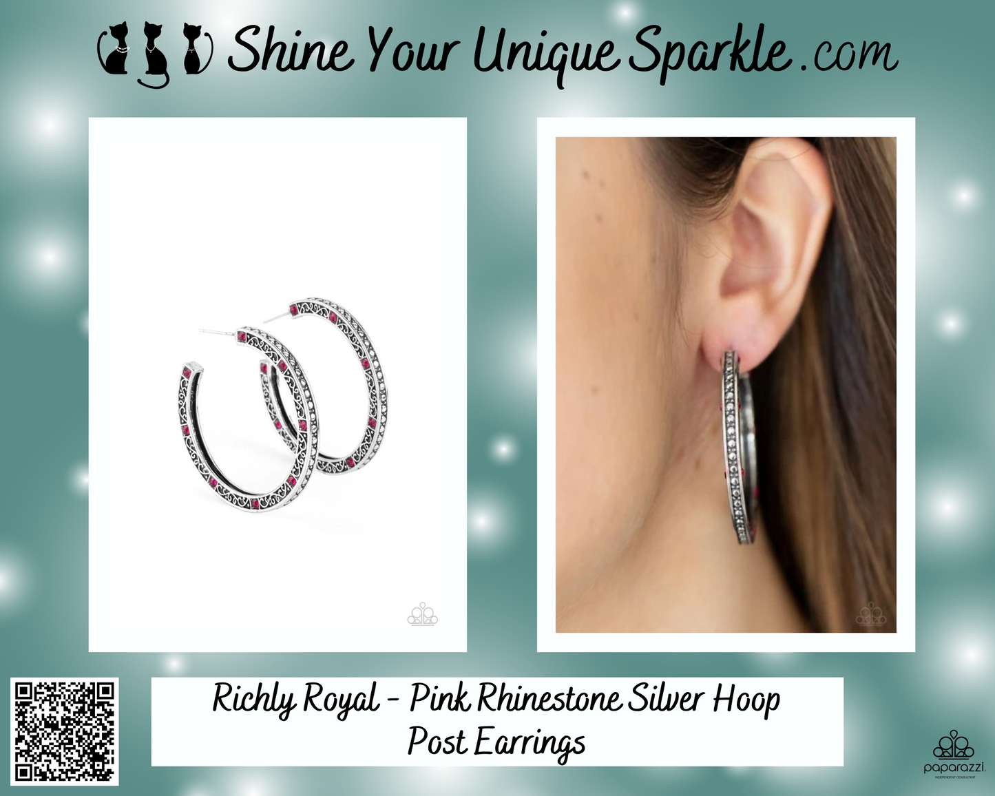 Richly Royal - Pink Rhinestone Silver Hoop Post Earrings