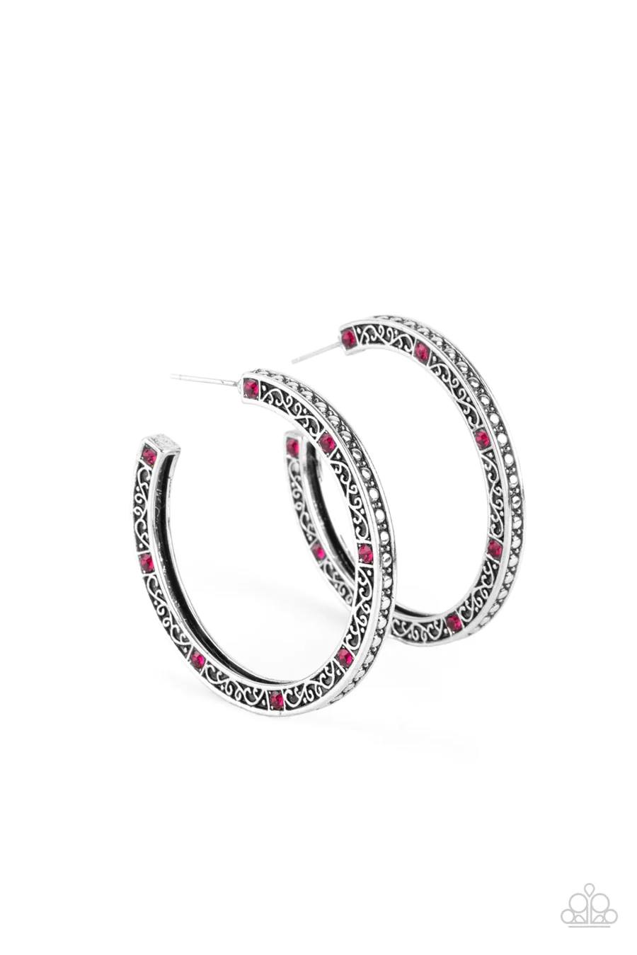 Richly Royal - Pink Rhinestone Silver Hoop Post Earrings