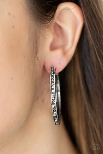 Richly Royal - Pink Rhinestone Silver Hoop Post Earrings