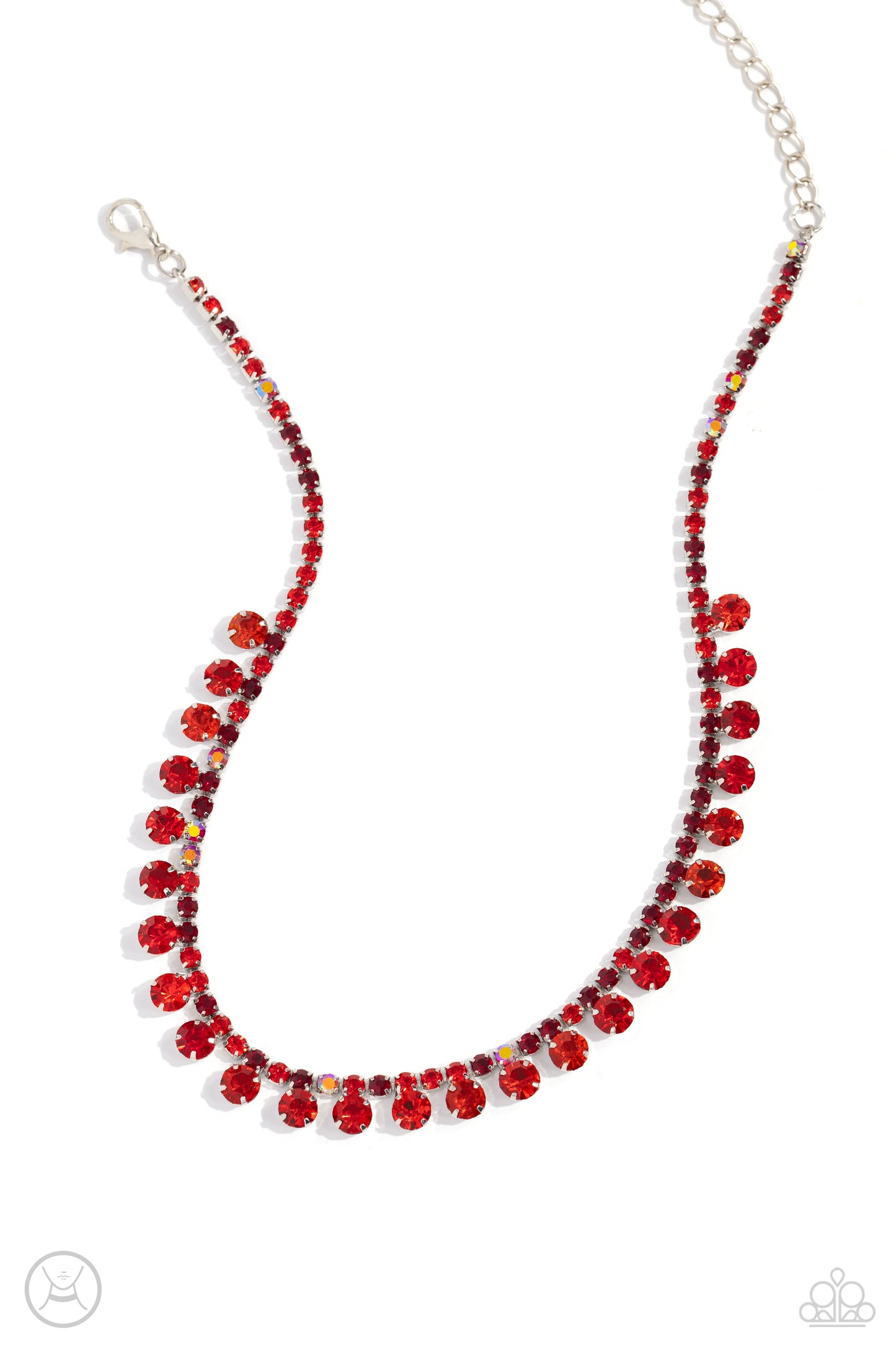 Ritzy Rhinestones - Red and Iridescent Rhinestone Silver Choker Necklace