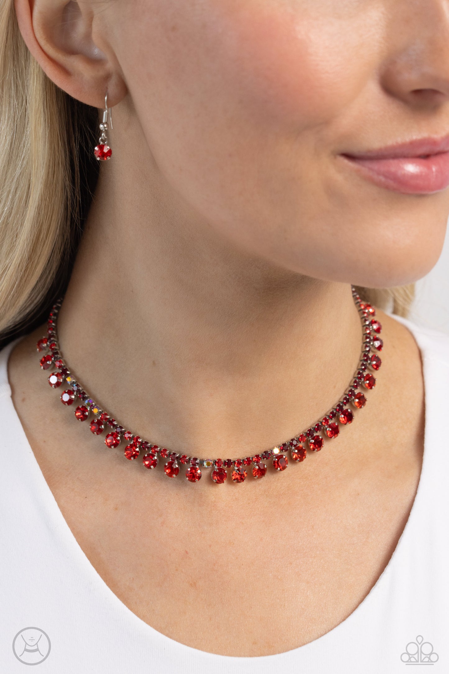 Ritzy Rhinestones - Red and Iridescent Rhinestone Silver Choker Necklace