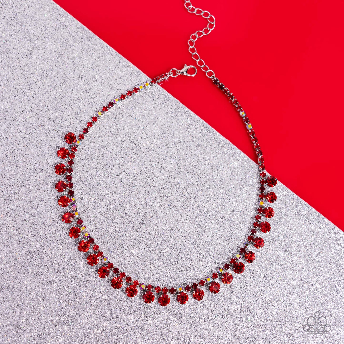 Ritzy Rhinestones - Red and Iridescent Rhinestone Silver Choker Necklace