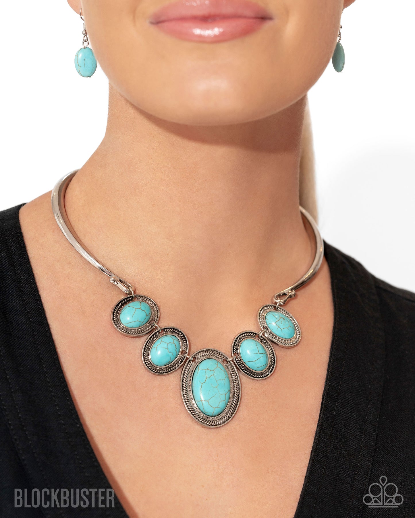 River Ride - Blue Turquoise Crackle Stone Silver Bar Necklace - Blockbuster
