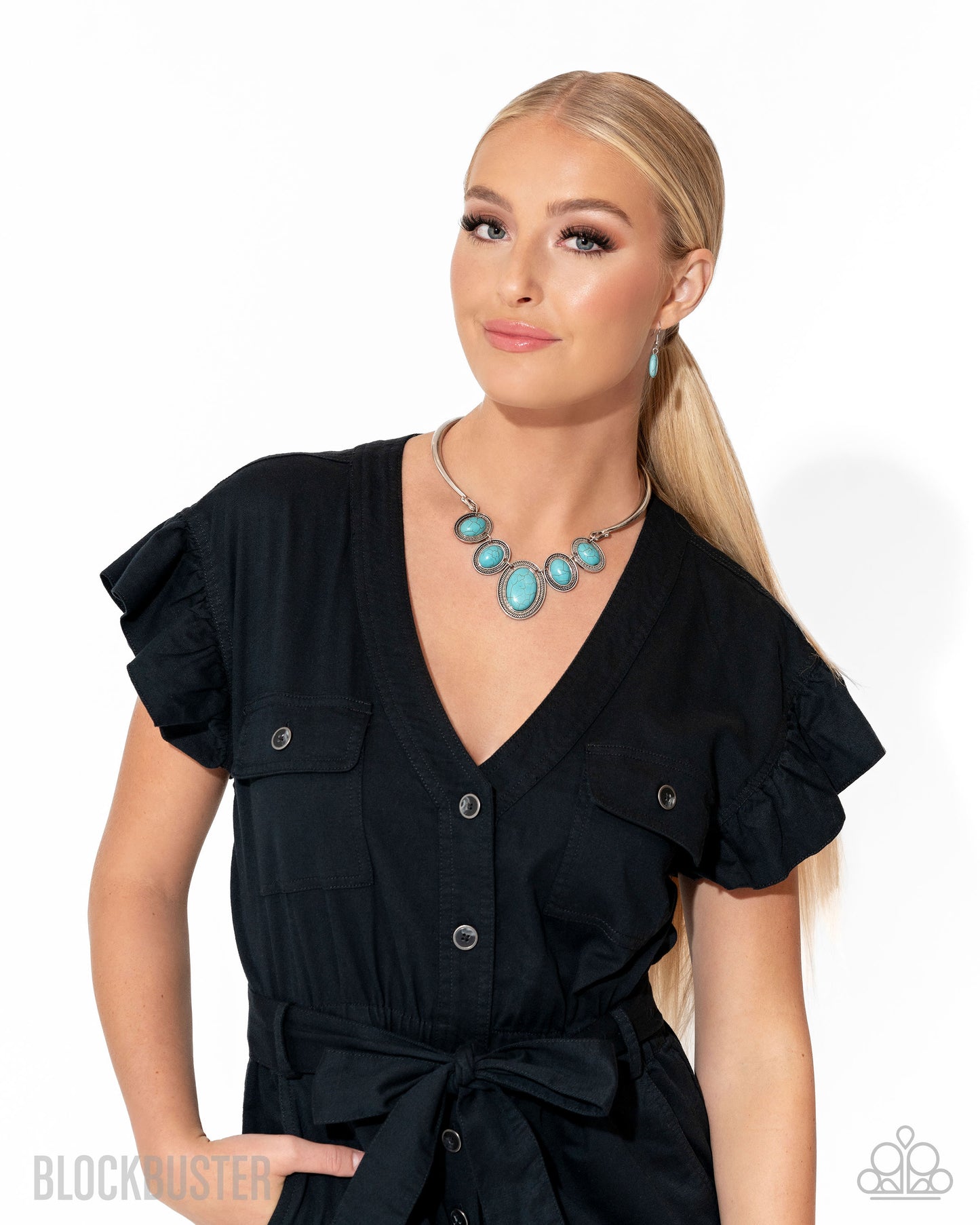 River Ride - Blue Turquoise Crackle Stone Silver Bar Necklace - Blockbuster