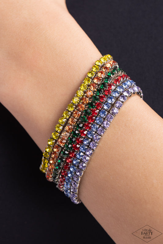 Rock Candy Range - Multi Rainbow Rhinestone Silver Stretchy Six-Bracelet Set - Life or the Party Pink Diamond Exclusive