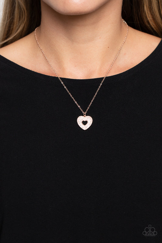 Romantic Retreat - Rose Gold White Rhinestone Heart Pendant Short Necklace