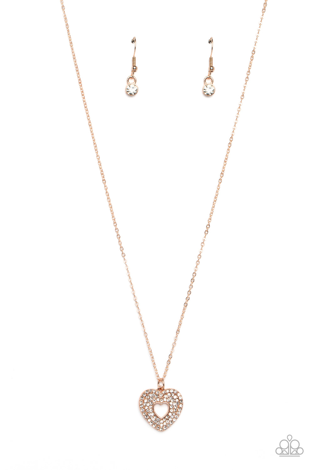 Romantic Retreat - Rose Gold White Rhinestone Heart Pendant Short Necklace