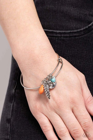 Root and RANCH - Multi Orange and Blue Feather Charm Bangle Bracelet