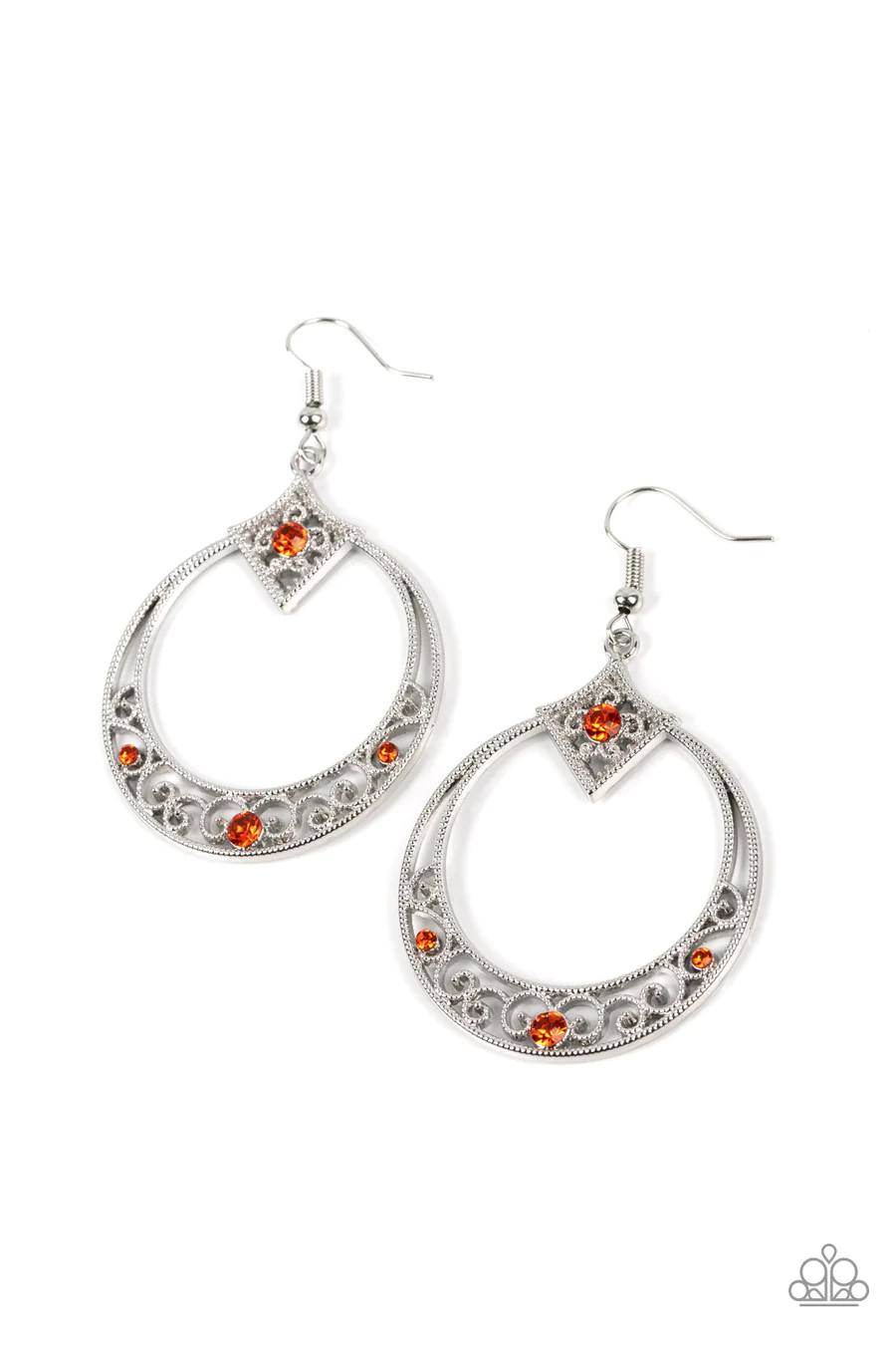 Royal Resort - Orange Rhinestone Silver Circle Fishhook Earrings