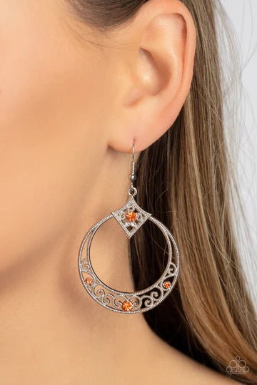 Royal Resort - Orange Rhinestone Silver Circle Fishhook Earrings