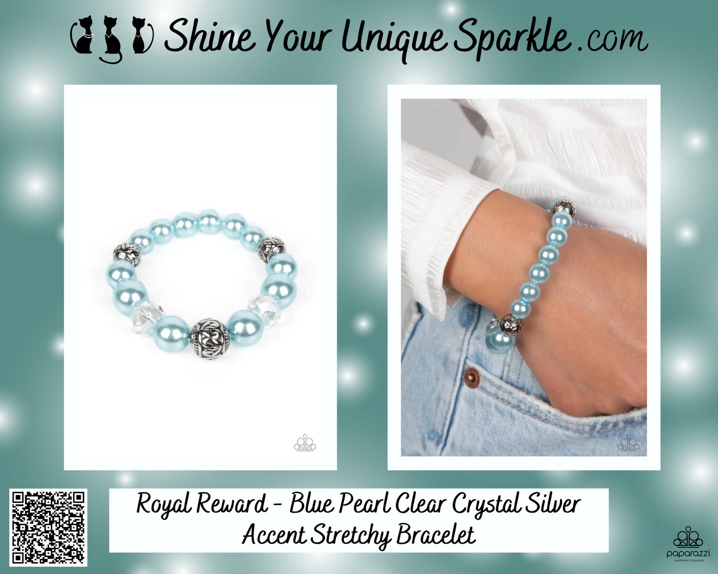 Royal Reward - Blue Pearl Clear Crystal Silver Accent Stretchy Bracelet