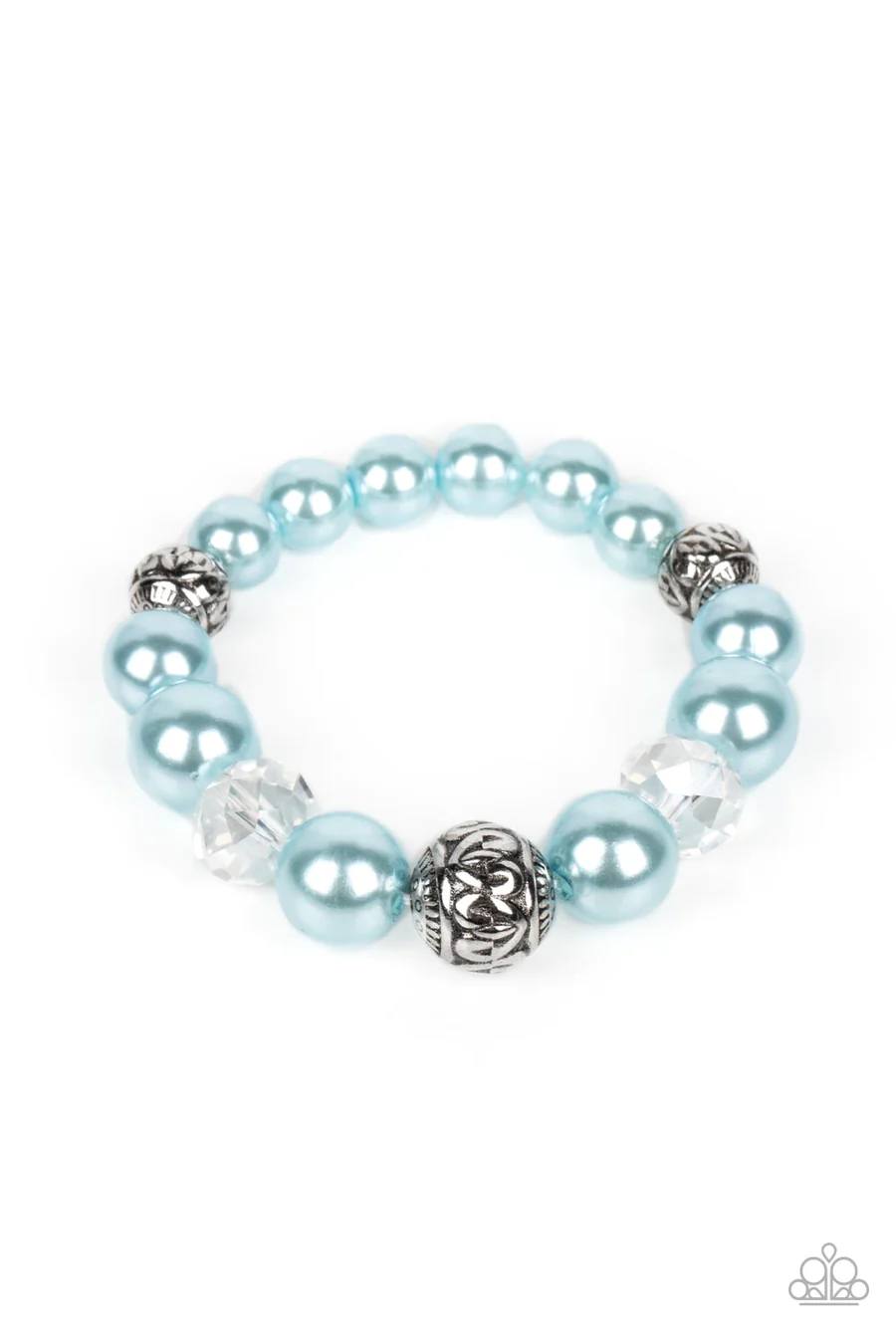 Royal Reward - Blue Pearl Clear Crystal Silver Accent Stretchy Bracelet