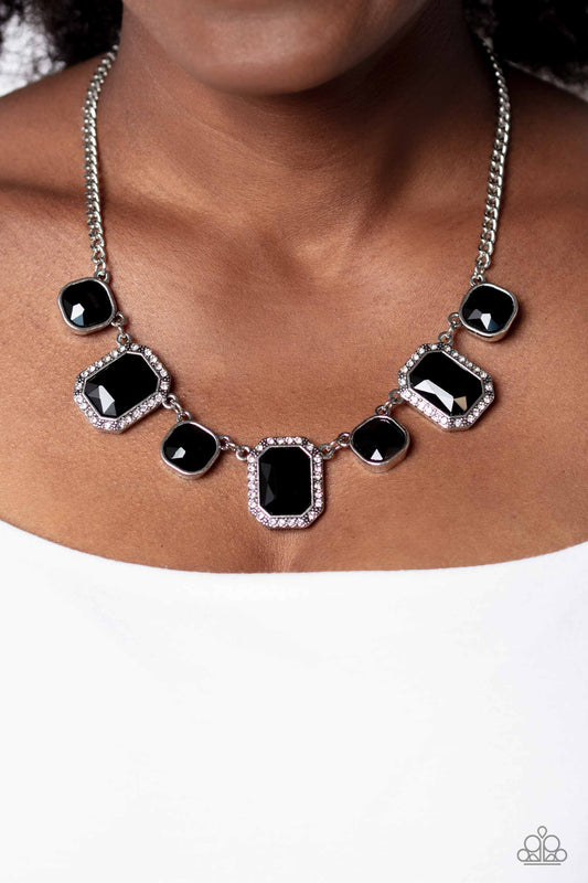 Royal Rumble - Black Gem White Rhinestone Silver Short Necklace