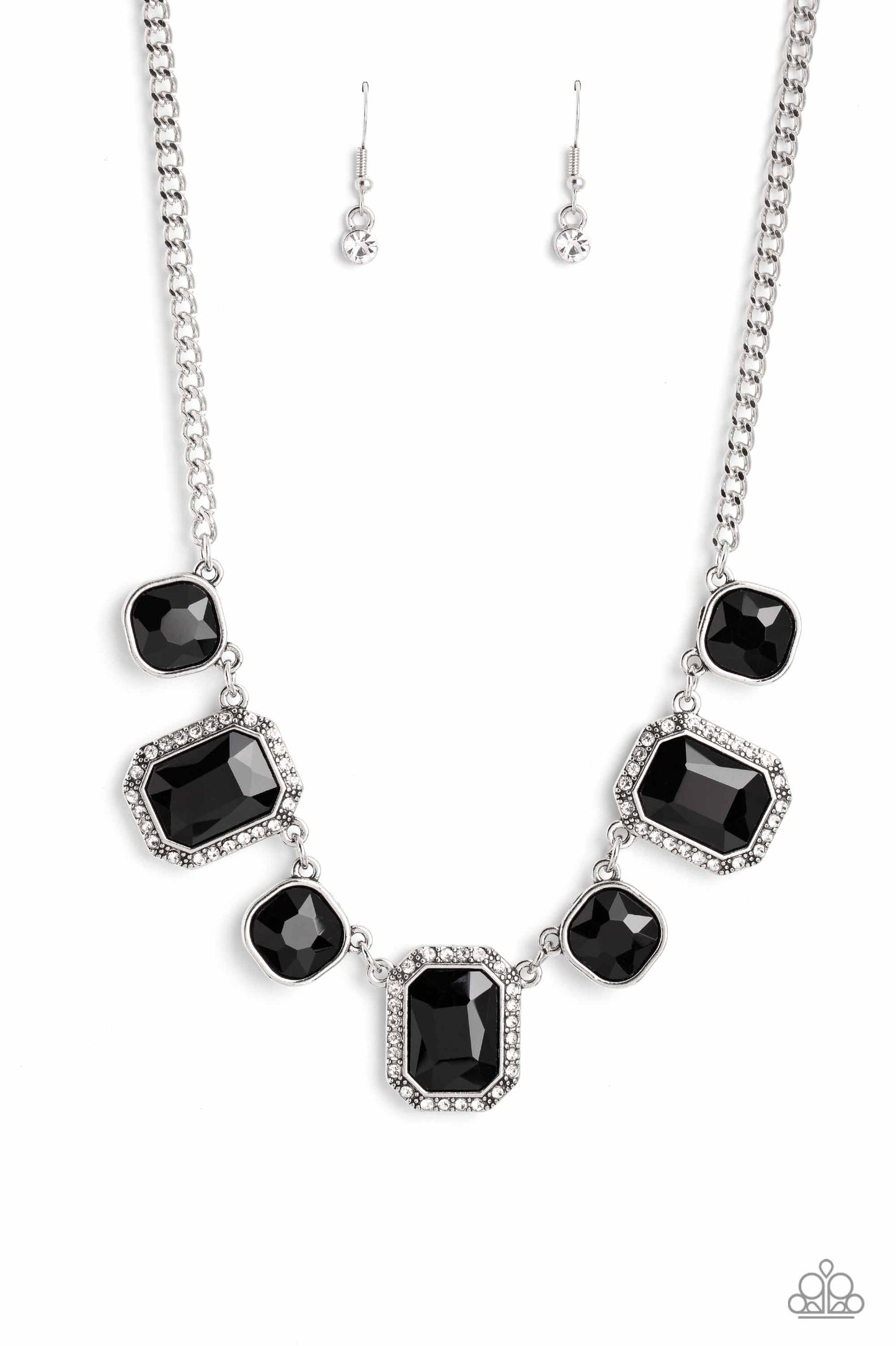 Royal Rumble - Black Gem White Rhinestone Silver Short Necklace