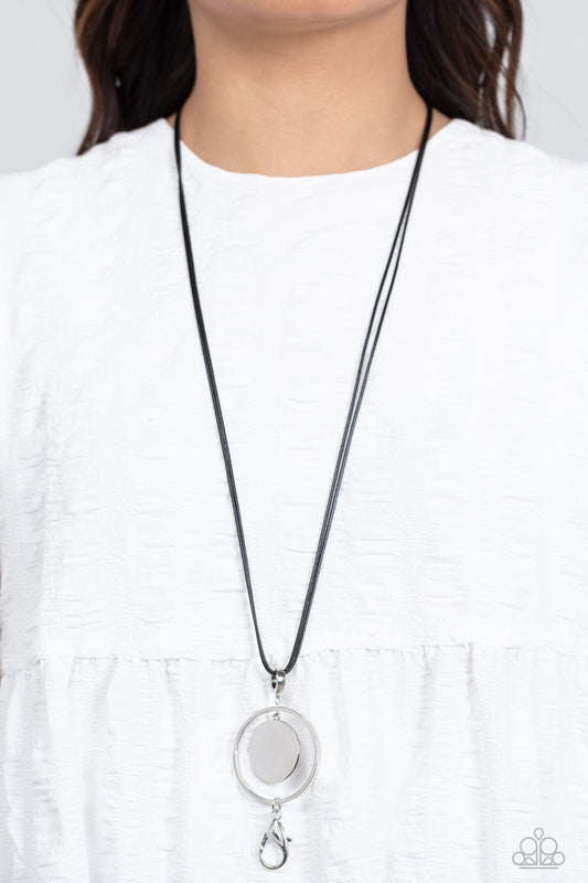 Rural Reflection - Black Cord Silver Disc Lanyard Long Necklace