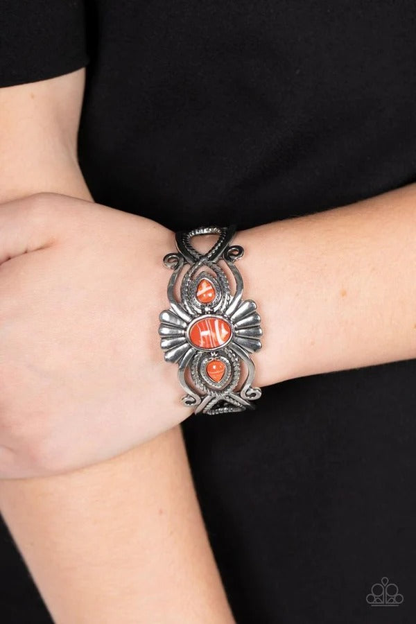 Rural Rumination - Orange Stone Silver Sunburst Cuff Bracelet