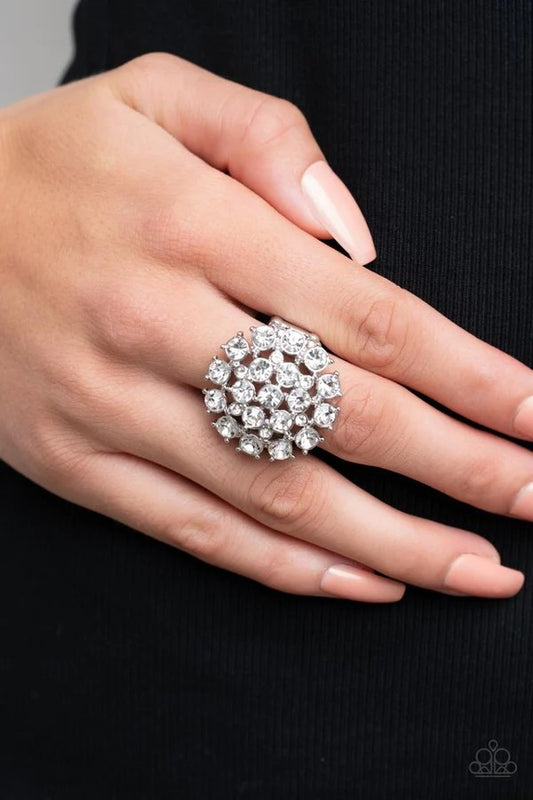 SELFIE-Confidence - White Rhinestone Cluster Silver Ring