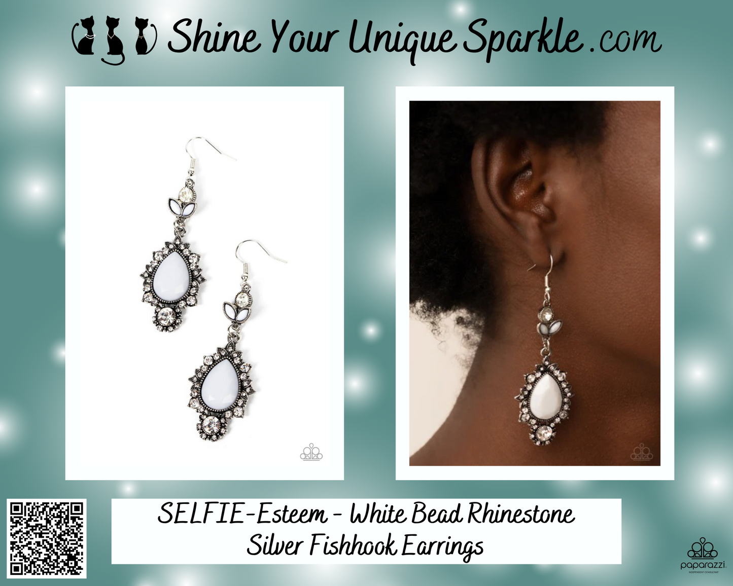 SELFIE-Esteem - White Bead Rhinestone Silver Fishhook Earrings