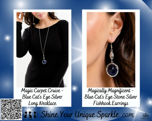 PERFECT MATCH / SET: Magic Carpet Cruise - Blue Cat's Eye Silver Long Necklace AND Magically Magnificent - Blue Cat's Eye Stone Silver Fishhook Earrings