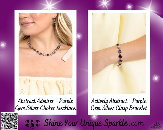 PERFECT MATCH / SET: Abstract Admirer - Purple Gem Silver Choker Necklace AND Actively Abstract - Purple Gem Silver Clasp Bracelet