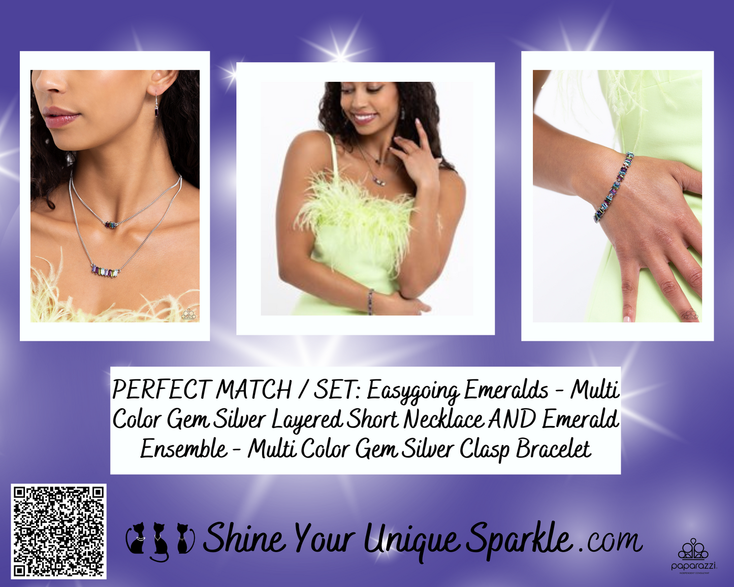 PERFECT MATCH / SET: Easygoing Emeralds - Multi Color Gem Silver Layered Short Necklace AND Emerald Ensemble - Multi Color Gem Silver Clasp Bracelet
