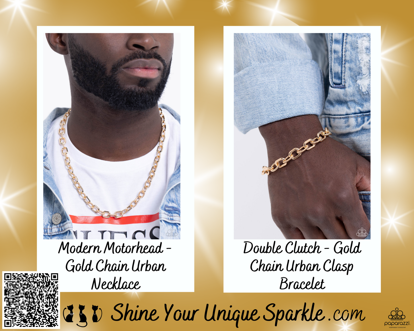 PERFECT MATCH / SET: Modern Motorhead - Gold Chain Urban Necklace AND Double Clutch - Gold Chain Urban Clasp Bracelet