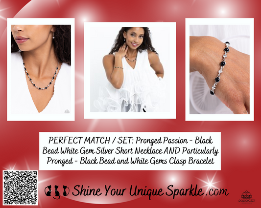 PERFECT MATCH / SET: Pronged Passion - Black Bead White Gem Silver Short Necklace AND Particularly Pronged - Black Bead and White Gems Clasp Bracelet