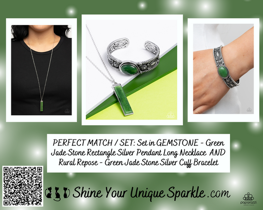 PERFECT MATCH / SET: Set in GEMSTONE - Green Jade Stone Rectangle Silver Pendant Long Necklace AND Rural Repose - Green Jade Silver Cuff Bracelet