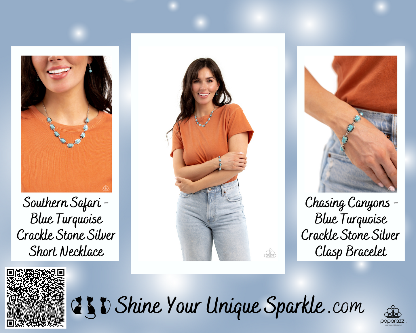 PERFECT MATCH / SET: Southern Safari - Blue Turquoise Crackle Stone Silver Short Necklace AND Chasing Canyons - Blue Turquoise Crackle Stone Silver Clasp Bracelet