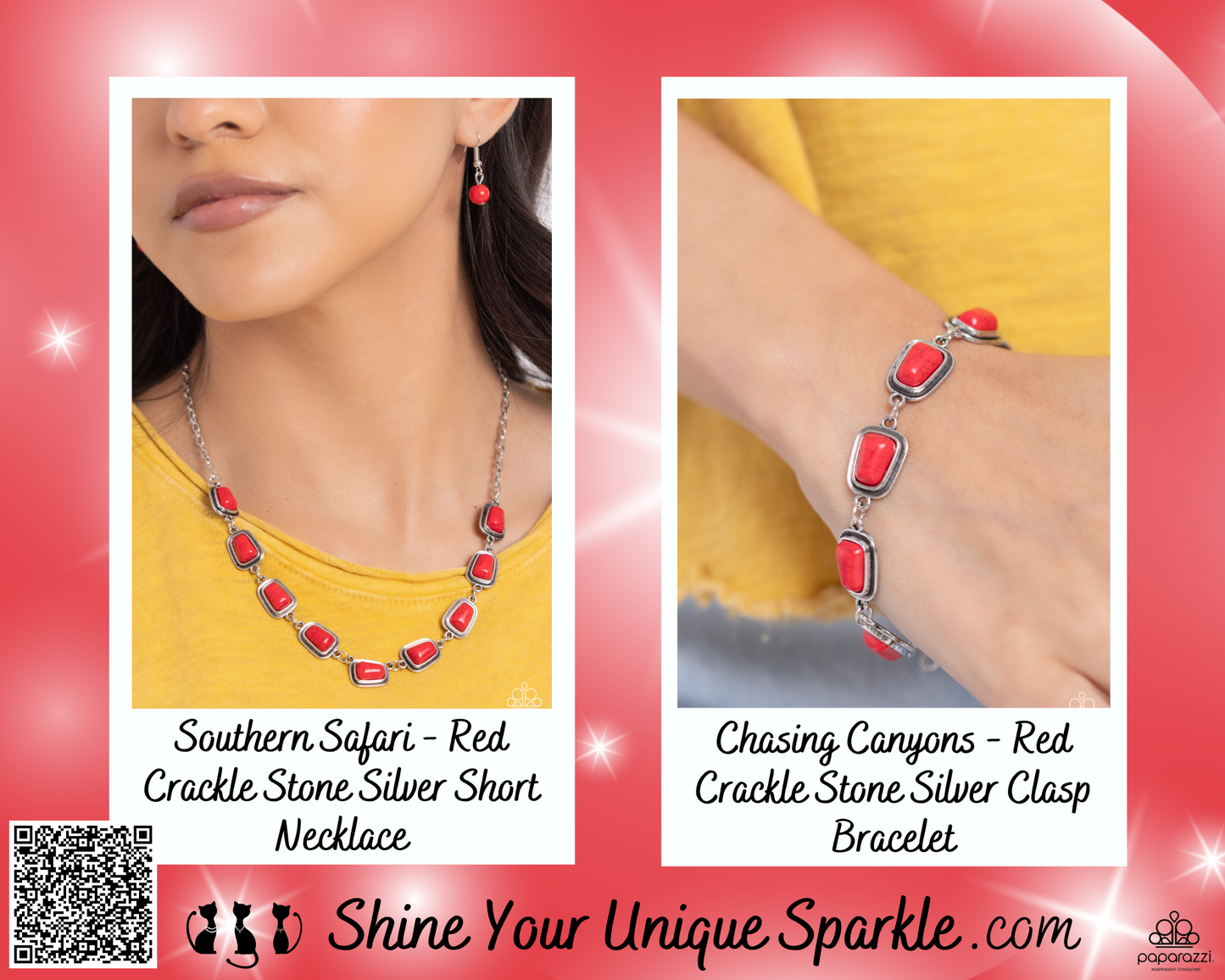 PERFECT MATCH / SET: Southern Safari - Red Crackle Stone Silver Short Necklace AND Chasing Canyons - Red Crackle Stone Silver Clasp Bracelet