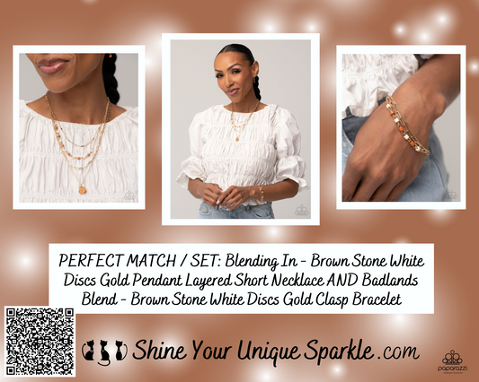 PERFECT MATCH / SET: Blending In - Brown Stone White Discs Gold Pendant Layered Short Necklace AND Badlands Blend - Brown Stone White Discs Gold Clasp Bracelet