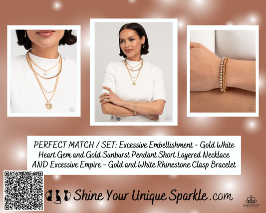 PERFECT MATCH / SET: Excessive Embellishment - Gold White Heart Gem and Gold Sunburst Pendant Short Layered Necklace AND Excessive Empire - Gold and White Rhinestone Clasp Bracelet