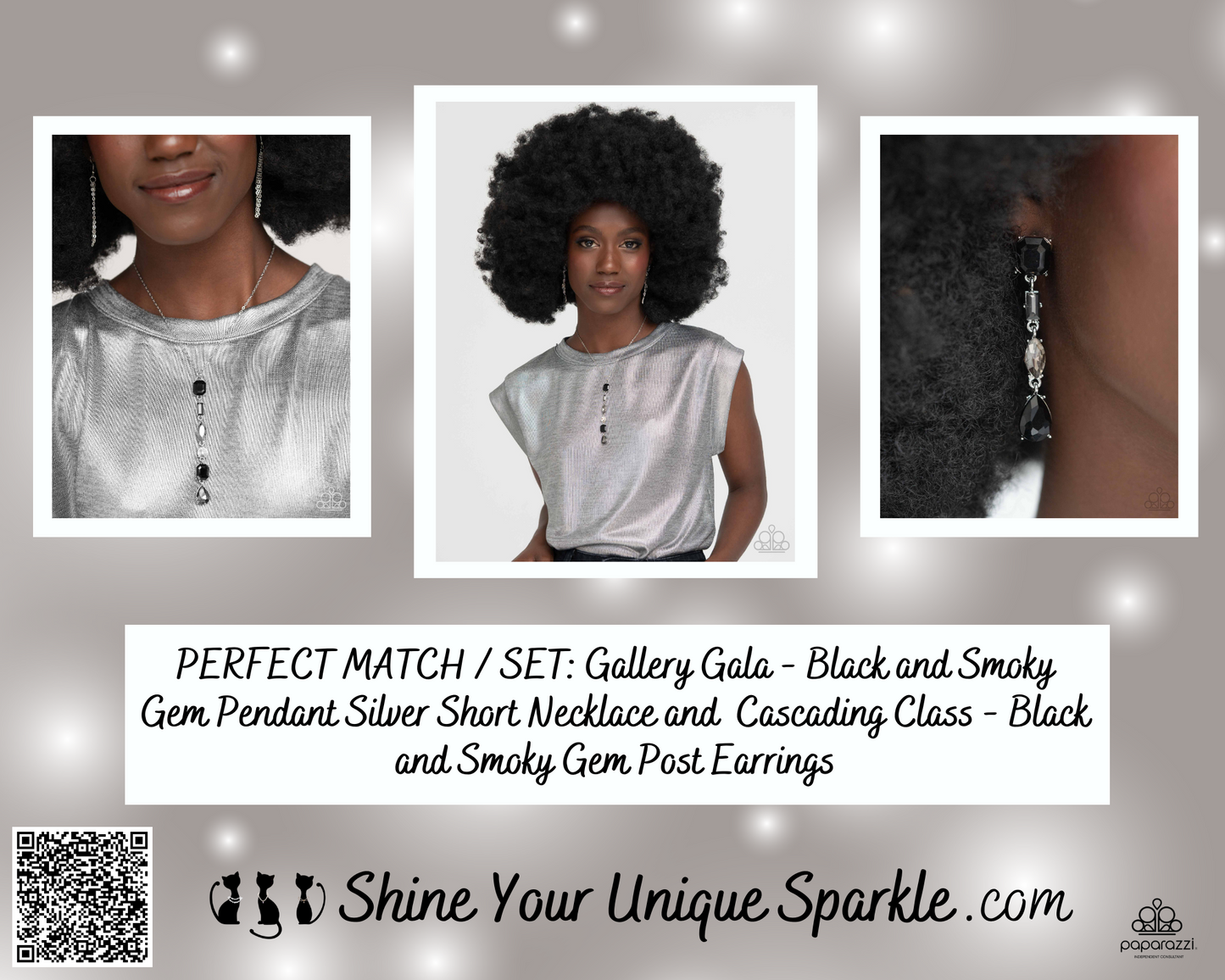 Gallery Gala - Black and Smoky Gem Pendant Silver Short Necklace