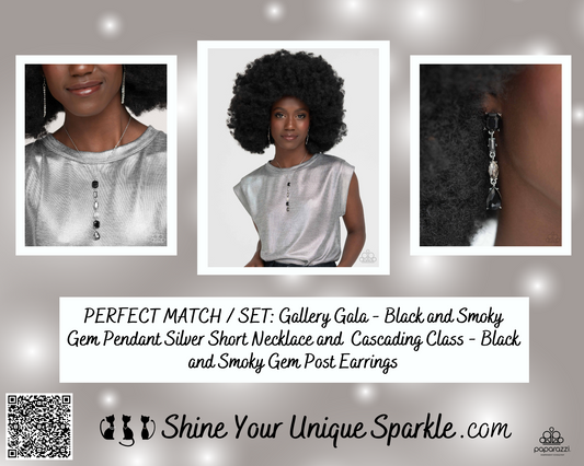 PERFECT MATCH / SET: Gallery Gala - Black and Smoky Gem Pendant Silver Short Necklace and  Cascading Class - Black and Smoky Gem Post Earrings