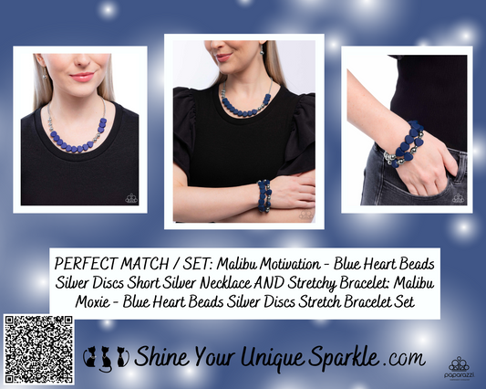 PERFECT MATCH / SET: Malibu Motivation - Blue Heart Beads Silver Discs Short Silver Necklace AND Stretchy Bracelet: Malibu Moxie - Blue Heart Beads Silver Discs Stretch Bracelet Set