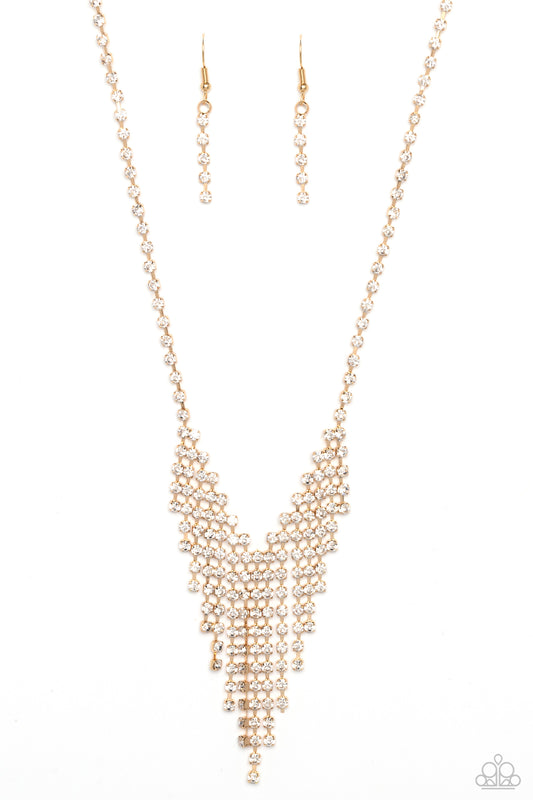 SHIMMER of Stars - Gold White Rhinestone Fringe Short Necklace