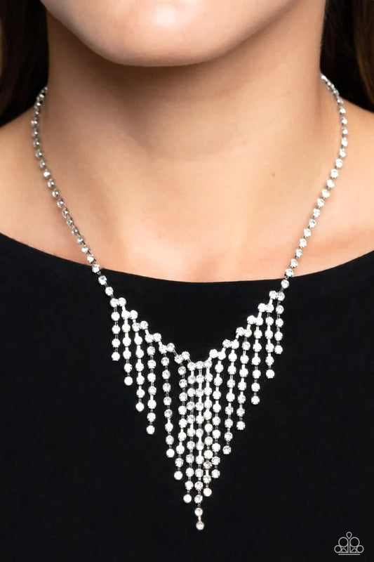 SHIMMER of Stars - White Rhinestone Fringe Silver Short Necklace