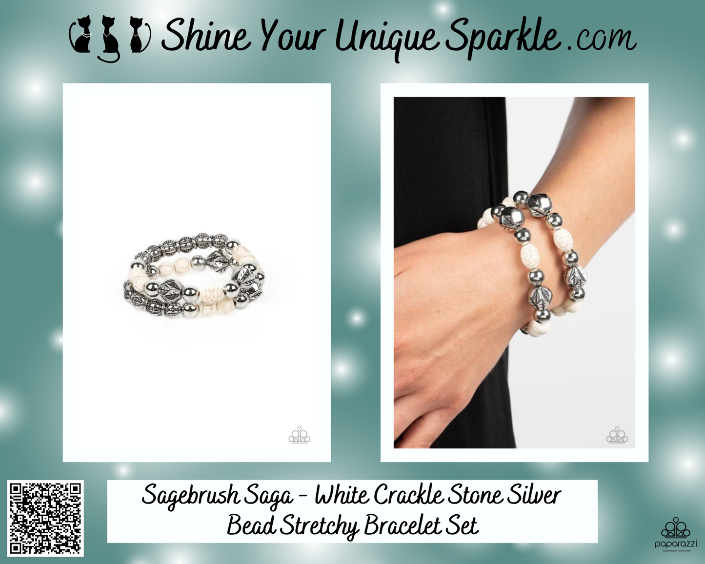 Sagebrush Saga - White Crackle Stone Silver Bead Stretchy Bracelet Set