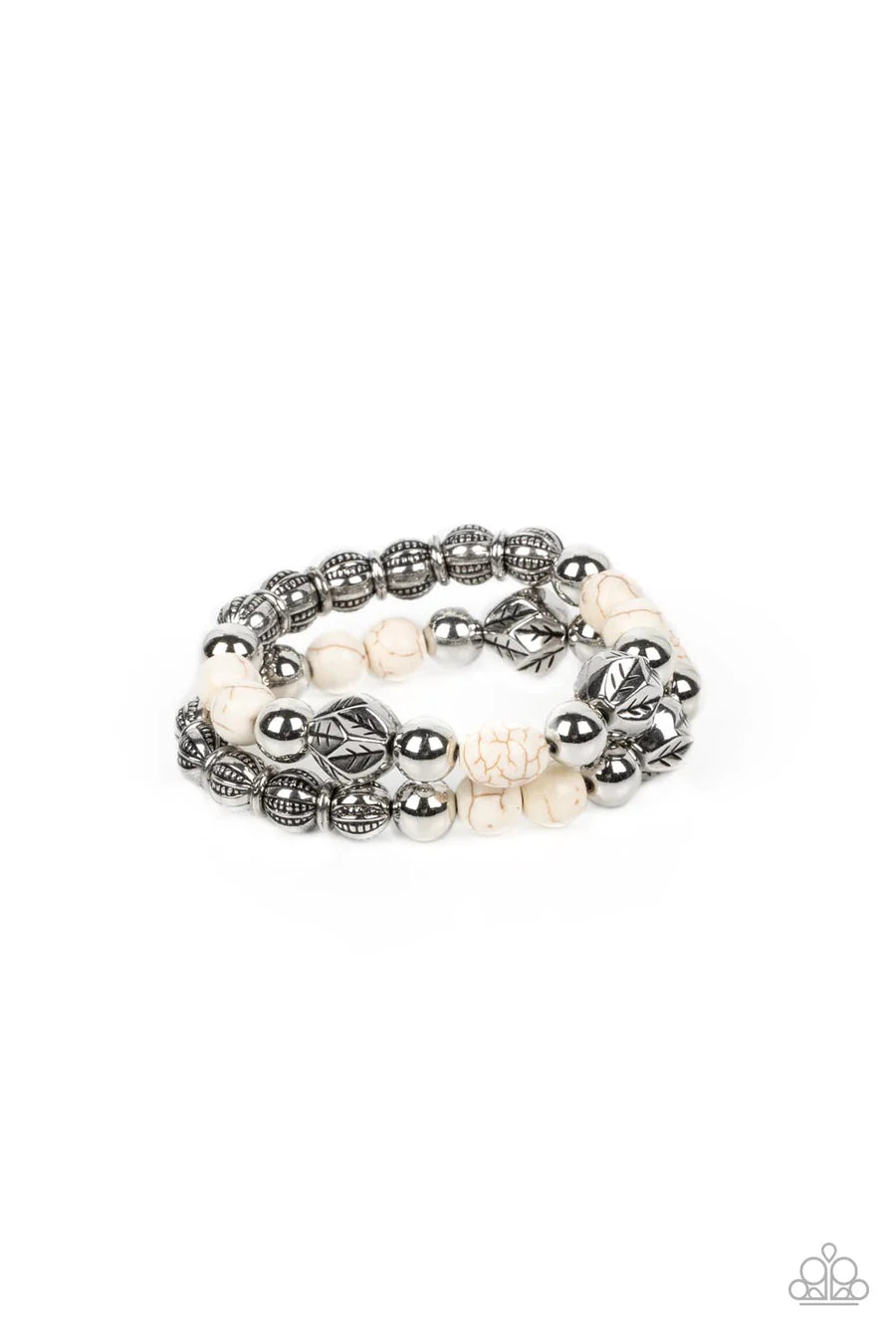 Sagebrush Saga - White Crackle Stone Silver Bead Stretchy Bracelet Set