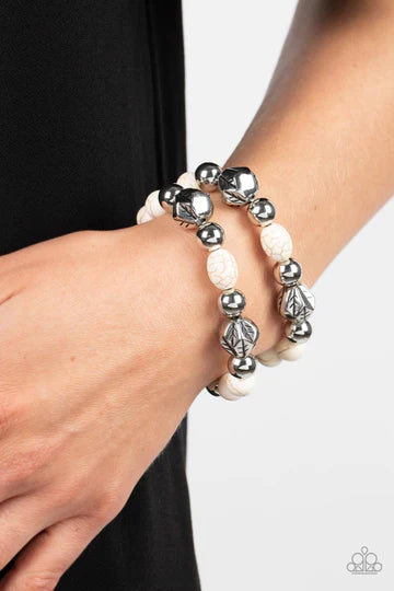 Sagebrush Saga - White Crackle Stone Silver Bead Stretchy Bracelet Set