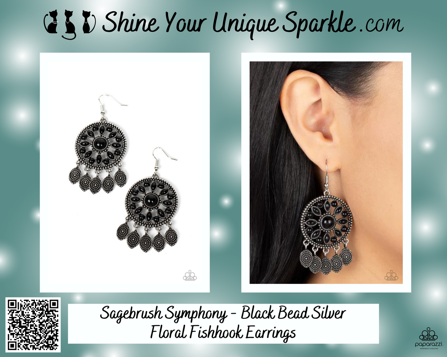 Sagebrush Symphony - Black Bead Silver Floral Fishhook Earrings