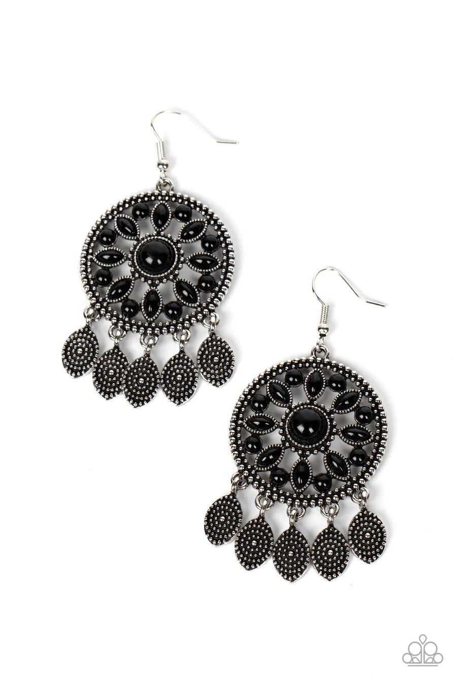 Sagebrush Symphony - Black Bead Silver Floral Fishhook Earrings