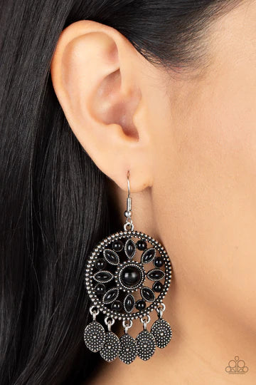 Sagebrush Symphony - Black Bead Silver Floral Fishhook Earrings