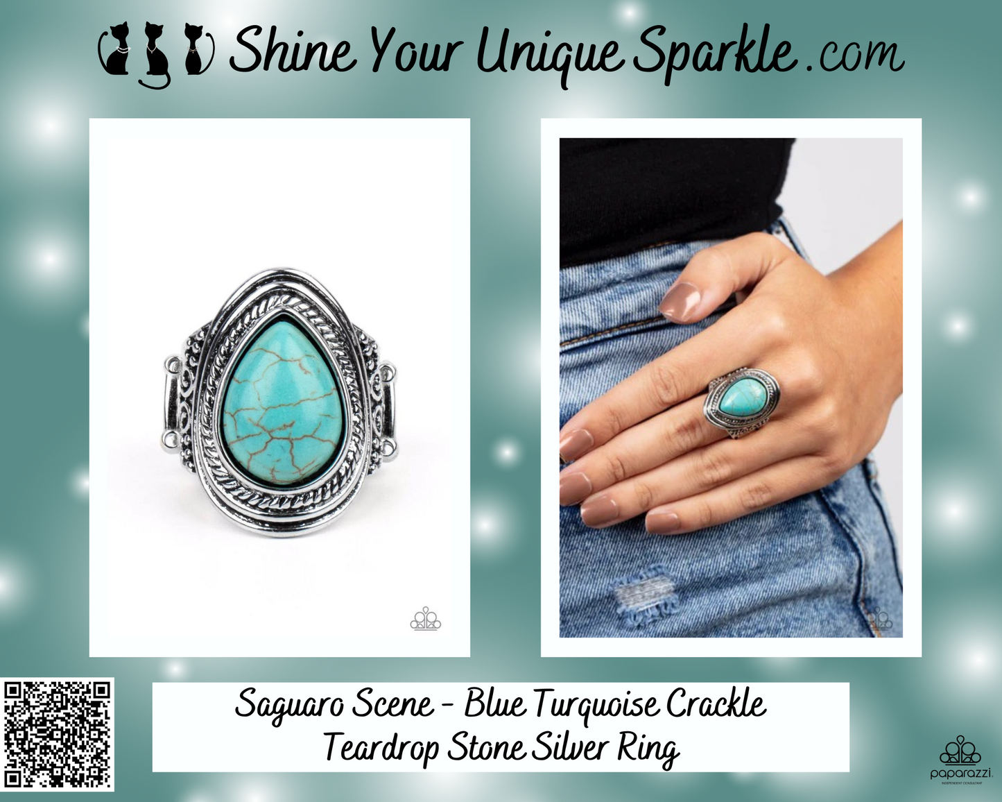 Saguaro Scene - Blue Turquoise Crackle Teardrop Stone Silver Ring